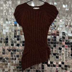 zara brown asymmetrical knit top – side tie